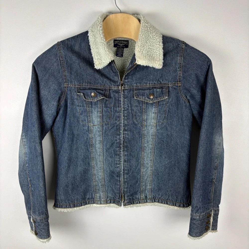 Steve Barrys Relaxed Fit Denim Sherpa Lined Jacket XL Blue Jean Faux Fur Collar - Picture 1 of 6